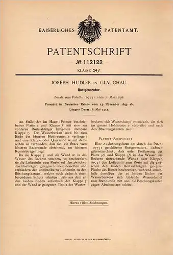 Original Patentschrift - J. Hudler in Glauchau , 1899 , Rostgenerator , Generator !!!