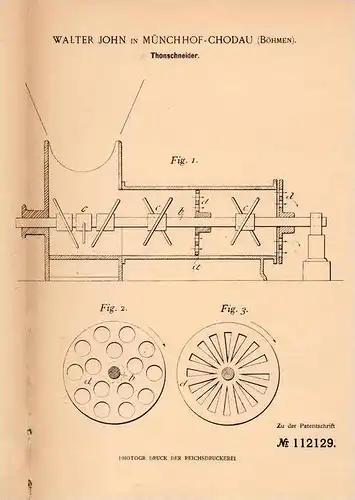 Original Patentschrift -Walter John in Münchhof - Chodau / Chodov , 1899 , Schneider für Thon !!!