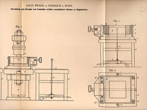 Original Patentschrift - Louis Wessel Endenich b. Bonn , 1899 , Apparat für Ziegelpresse , Ziegelei , Ziegel , Presse !!