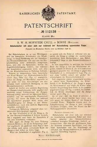 Original Patentschrift - R. Hofstede Crull in Borne , 1898 , Hebelschalter mit Feder , Schalter !!!