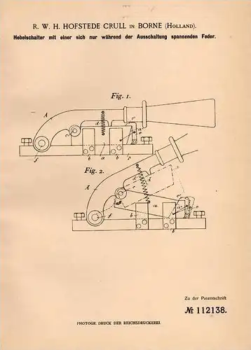 Original Patentschrift - R. Hofstede Crull in Borne , 1898 , Hebelschalter mit Feder , Schalter !!!