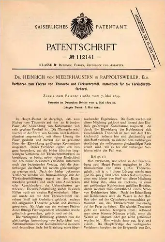 Original Patentschrift - Dr. H. von Niederhäusern in Rappoltsweiler / Ribeauvillé , 1899 , Fixieren von Thonerde !!!