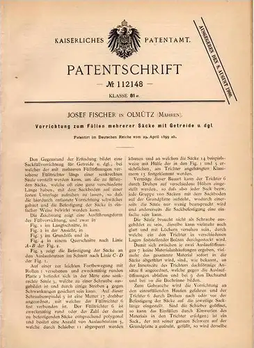 Original Patentschrift - Josef Fischer in Olmütz / Olomouc , 1899 , Apparat für Getreide , Sack !!!