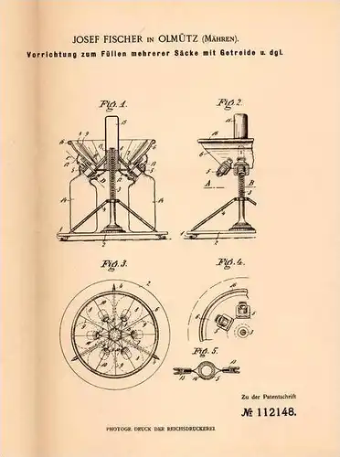 Original Patentschrift - Josef Fischer in Olmütz / Olomouc , 1899 , Apparat für Getreide , Sack !!!