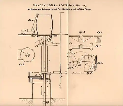 Original Patentschrift - Franz Smulders in Rotterdam , 1899 , Apparat für Butter - Fässer !!!