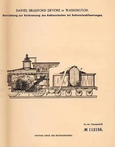 Original Patentschrift - D. Devore in Washington , 1899 , Feuerung für Eisenbahn , Train , Kohle !!!