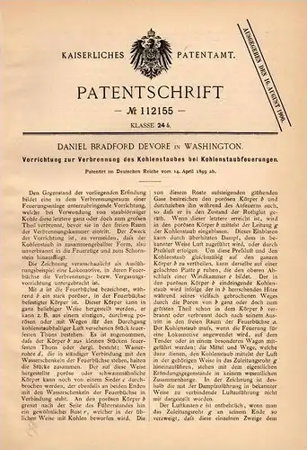 Original Patentschrift - D. Devore in Washington , 1899 , Feuerung für Eisenbahn , Train , Kohle !!!