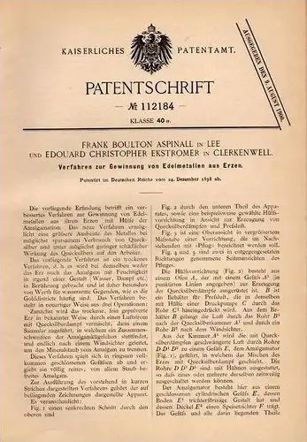 Original Patentschrift - E. Ekstromer in Clerkenwell und Lee , 1898 , Gewinnung von Edelmetall aus Erz !!!