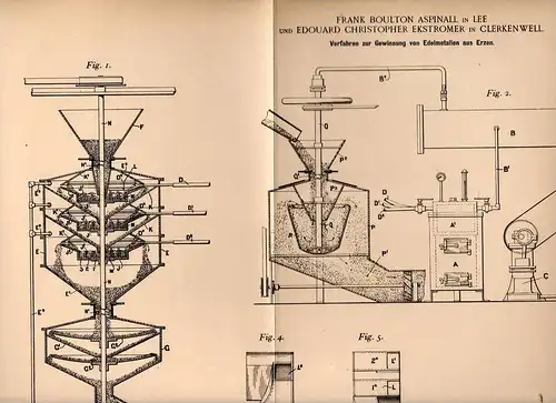 Original Patentschrift - E. Ekstromer in Clerkenwell und Lee , 1898 , Gewinnung von Edelmetall aus Erz !!!