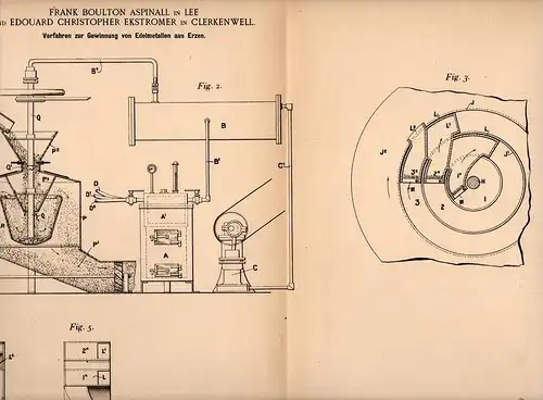Original Patentschrift - E. Ekstromer in Clerkenwell und Lee , 1898 , Gewinnung von Edelmetall aus Erz !!!