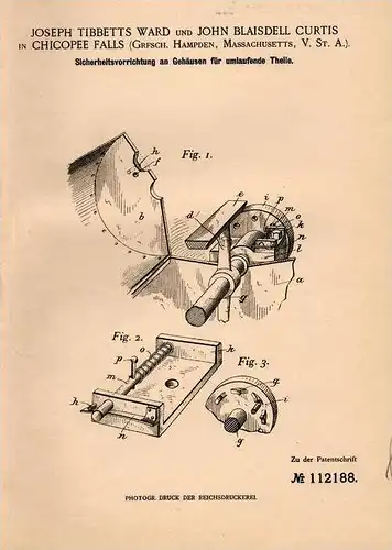 Original Patentschrift - J. Curtis in Chicopee Falls , Hampden , Massach., 1899 , Sicherheitsapparat an Maschinen !!!