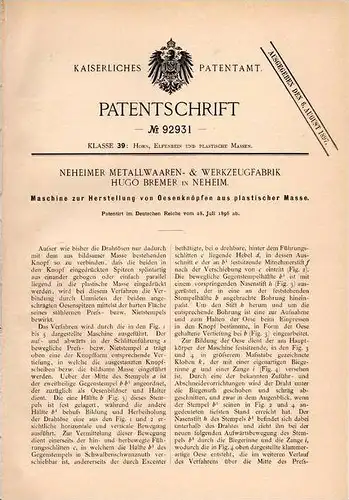 Original Patentschrift - Hugo Bremer in Neheim , 1896 , Maschine zur Knopf - Herstellung, Knöpfe !!!