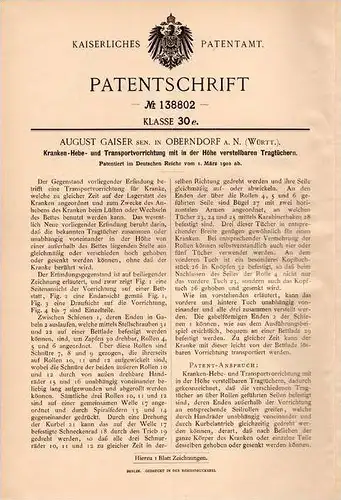 Original Patentschrift - A. Gaiser in Oberndorf a.N. , 1902 , Trageapparat für Kranke , Verletzte , Krankenhaus , Arzt !