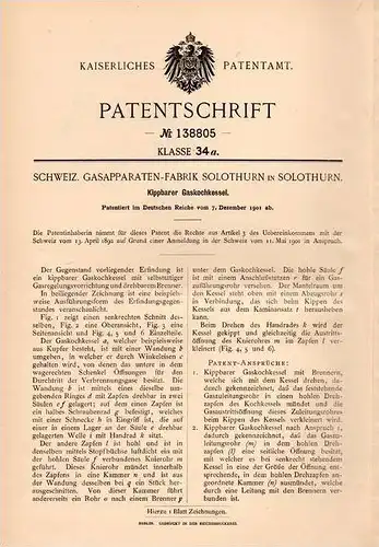 Original Patentschrift - Gasapparate - Fabrik in Solothurn , 1901 , kippbarer Gaskochkessel , Kessel !!!