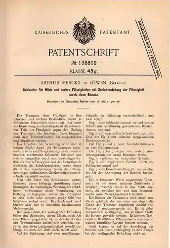 Original Patentschrift - A. Merckx in Löwen , 1902 , Schleuder für Milch , Milchschleuder , Molkerei !!!
