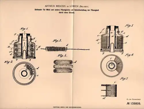 Original Patentschrift - A. Merckx in Löwen , 1902 , Schleuder für Milch , Milchschleuder , Molkerei !!!