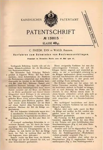 Original Patentschrift - Friedr. Ern in Wald , Rheinpr., 1902 , Schmieden von Rasiermesser - Klingen , Barbier !!!