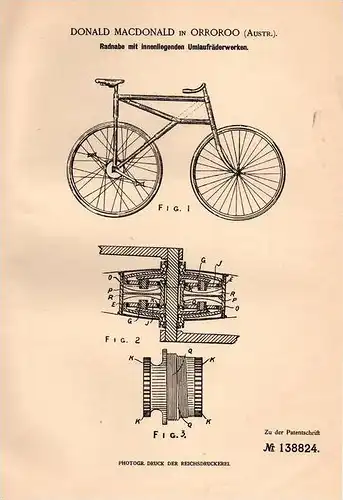 Original Patentschrift - Donald Mc Donald in Orroroo , South Australia , 1901 , Radnabe mit Radwerk , Fahrrad !!!