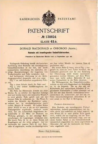 Original Patentschrift - Donald Mc Donald in Orroroo , South Australia , 1901 , Radnabe mit Radwerk , Fahrrad !!!