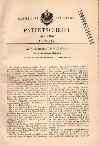 Original Patentschrift - Arnold Hubart in Huy , Belgien , 1902 , Uhr mit elektrischem Läutewerk !!!