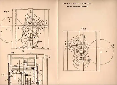Original Patentschrift - Arnold Hubart in Huy , Belgien , 1902 , Uhr mit elektrischem Läutewerk !!!