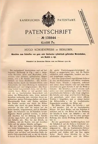 Original Patentschrift - H. Schoeneweiss in Iserlohn , 1902 , Maschine zum Schleifen von cylindrischen Werkstücken !!!