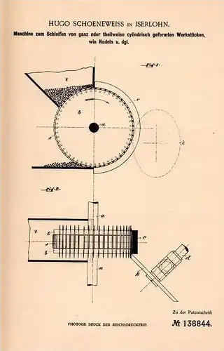 Original Patentschrift - H. Schoeneweiss in Iserlohn , 1902 , Maschine zum Schleifen von cylindrischen Werkstücken !!!