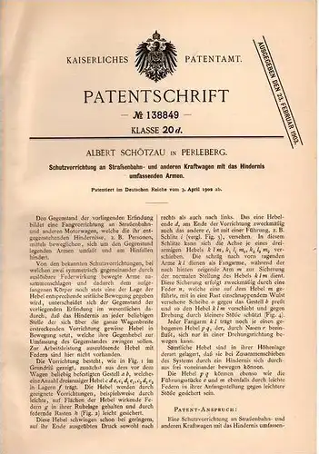 Original Patentschrift - Albert Schötzau in Perleberg , 1902 , Schutz an Straßenbahn , Eisenbahn , Motorwagen !!!