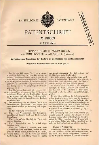 Original Patentschrift - H. Hilde und E. Kögler in Rosswein i.S. und Aussig a.E., 1901, Glasblasemaschine , Glasbläserei