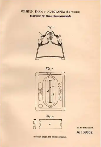 Original Patentschrift - W. Tham in Husqvarna , Schweden , 1902 , Heibrenner für Kohlenwasserstoff , Heizung !!!