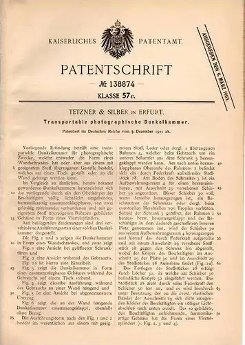 Original Patentschrift - Tetzner & Silber in Erfurt , 1901 , Dunkelkammer für Photographie , Photografie , Fotografie !!