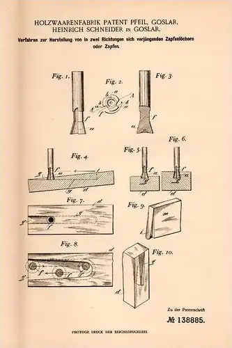 Original Patentschrift - Holzwaren Patent Pfeil in Goslar , 1902 , Herstellung von Zapfen , Tischler , Schreiner , Holz