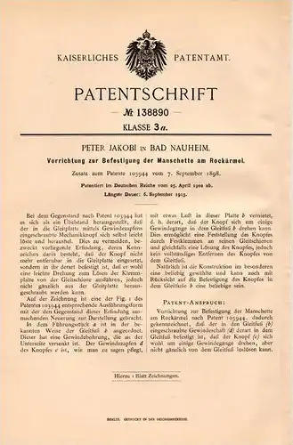 Original Patentschrift - Peter Jakobi in Bad Nauheim , 1902 , Befestigung für Manschette am Rock , Knopf !!!