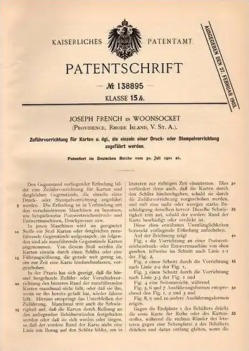 Original Patentschrift - J. French in Woonsocket , Rhode Island , 1901 , Apparat für Druckpressen , Postwertzeichen !!!