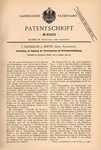 Original Patentschrift - F. Sandillon in Biette , Aisne , 1894 , Apparat für Kessel , Dampfkessel , Dampmaschine !!!