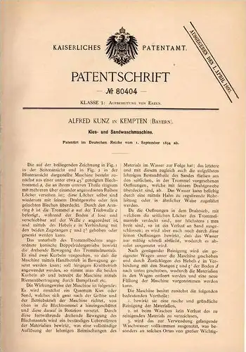 Original Patentschrift - Alfred Kunz in Kempten , 1894 , Waschmaschine für Kies und Sand !!!