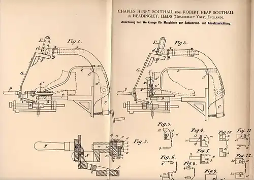 Original Patentschrift - Ch. Southall in Headingley , Leeds , 1893 , Maschine für Schuhe , Shoes , Shoe , Sohlen !!!