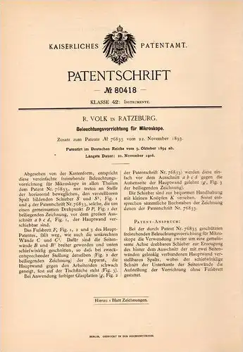Original Patentschrift - R. Volk in Ratzeburg , 1894 , Beleuchtung für Mikroskop !!!