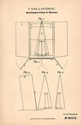Original Patentschrift - R. Volk in Ratzeburg , 1894 , Beleuchtung für Mikroskop !!!
