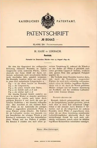 Original Patentschrift - H. Hase in Lerbach b. Osterode a. Harz , 1894 , Roststab , Heizung , Feuerung !!!