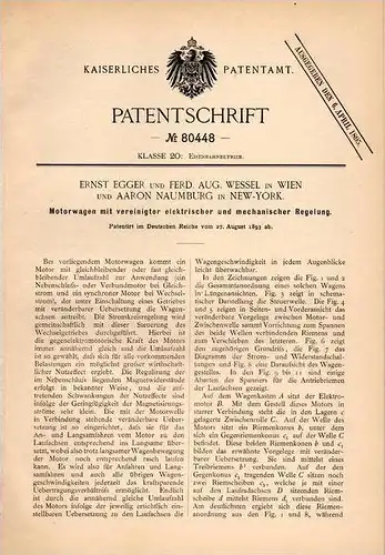 Original Patentschrift - E. Egger und F. Wessel in Wien , 1893 , elektrischer Motorwagen , Automobil , Eisenbahn  !!!