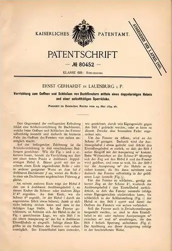 Original Patentschrift - E. Gerhardt in Lauenburg i. Pommern / Lebork , 1894 , Apparat für Dachfenster , Fenster !!!