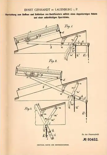 Original Patentschrift - E. Gerhardt in Lauenburg i. Pommern / Lebork , 1894 , Apparat für Dachfenster , Fenster !!!