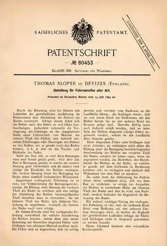 Original Patentschrift - Th. Sloper in Devizes , England , 1894 , Mantel for Reifen , Fahrrad , Tyre !!!