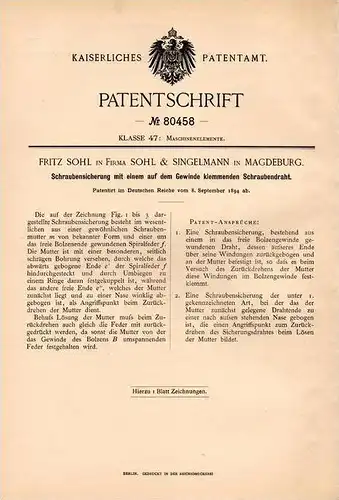 Original Patentschrift - Fa. Sohl & Singelmann in Magdeburg , 1894 , Schraubensicherung !!!