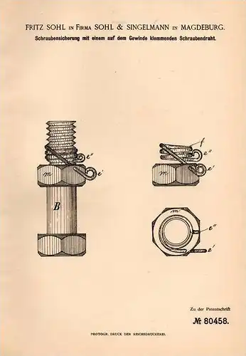 Original Patentschrift - Fa. Sohl & Singelmann in Magdeburg , 1894 , Schraubensicherung !!!