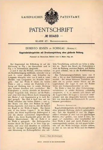 Original Patentschrift - Ernesto Jensen in Roßlau / Dessau , 1894 , Kegelreibräder - Getriebe !!!