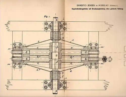 Original Patentschrift - Ernesto Jensen in Roßlau / Dessau , 1894 , Kegelreibräder - Getriebe !!!