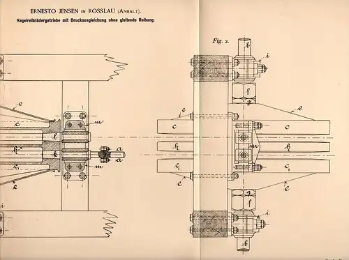 Original Patentschrift - Ernesto Jensen in Roßlau / Dessau , 1894 , Kegelreibräder - Getriebe !!!