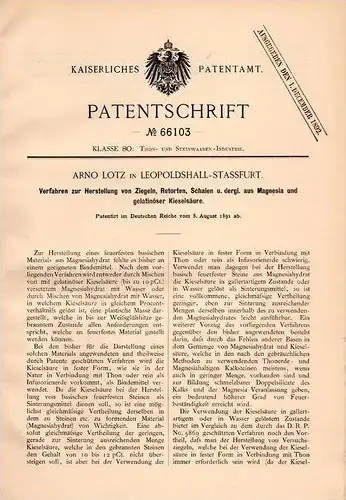 Original Patentschrift - Arno Lotz in Leopoldshall - Stassfurt , 1891 , Ziegel - Herstellung aus Magnesia , Ziegelei !!!